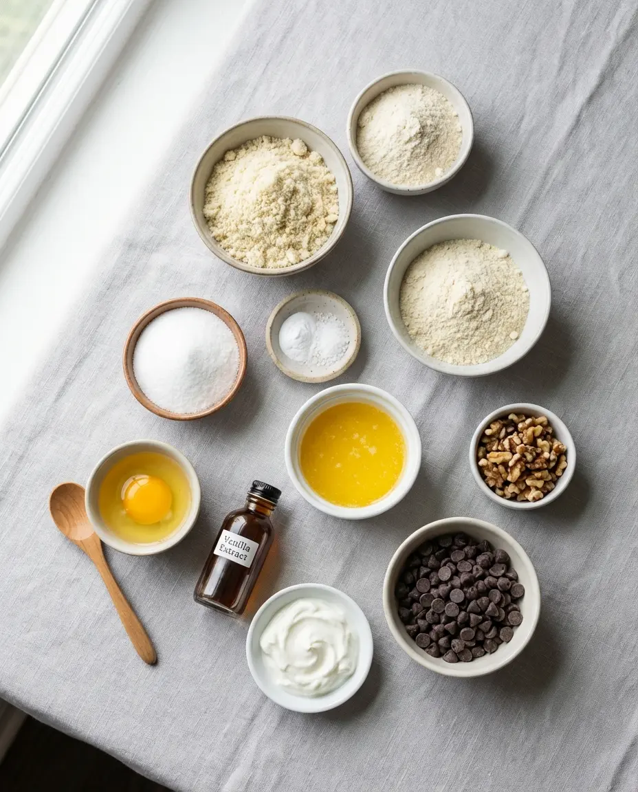 Bowls with almond flour, coconut flour and sugar alternative measured for small-batch cookies