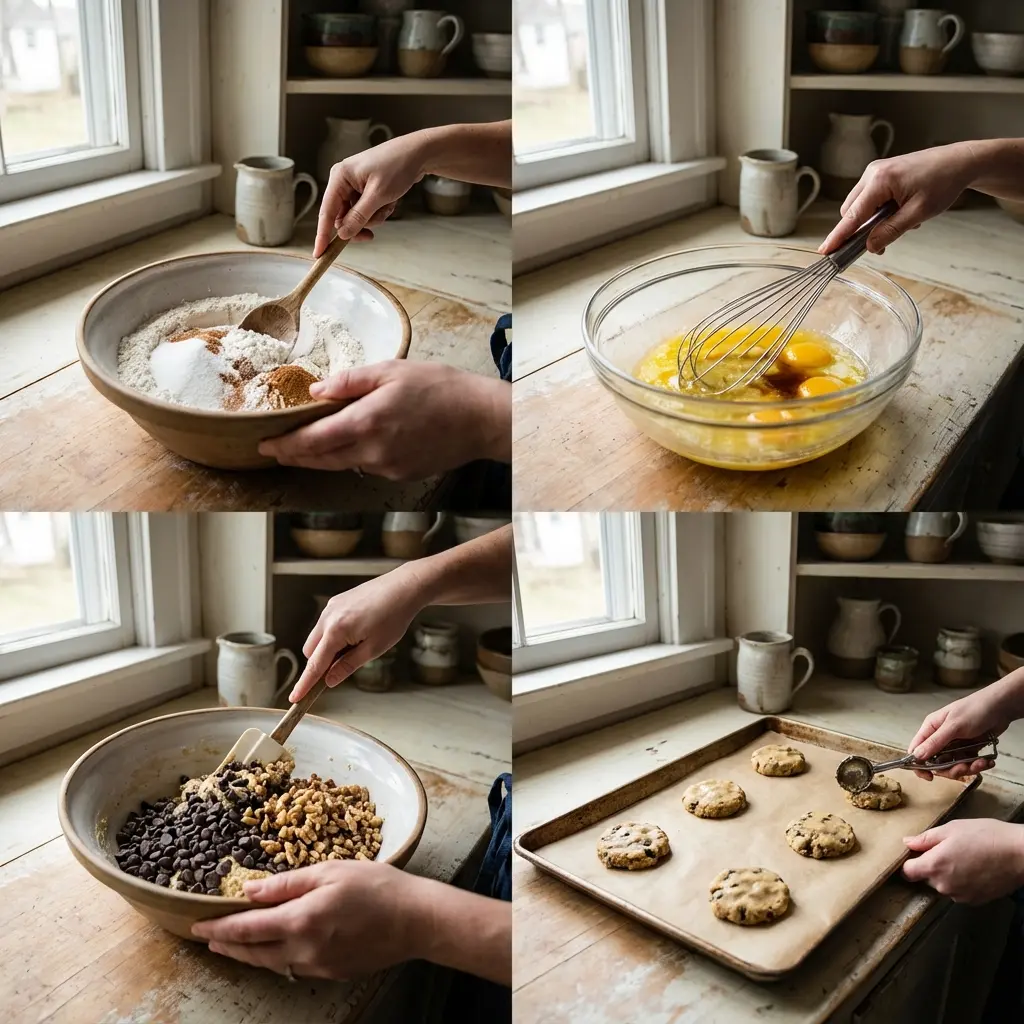 Cookie dough being scooped onto a lined baking sheet