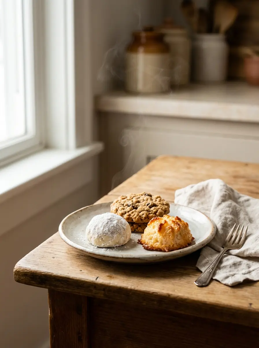 Three small low-sugar Christmas cookies on a tray