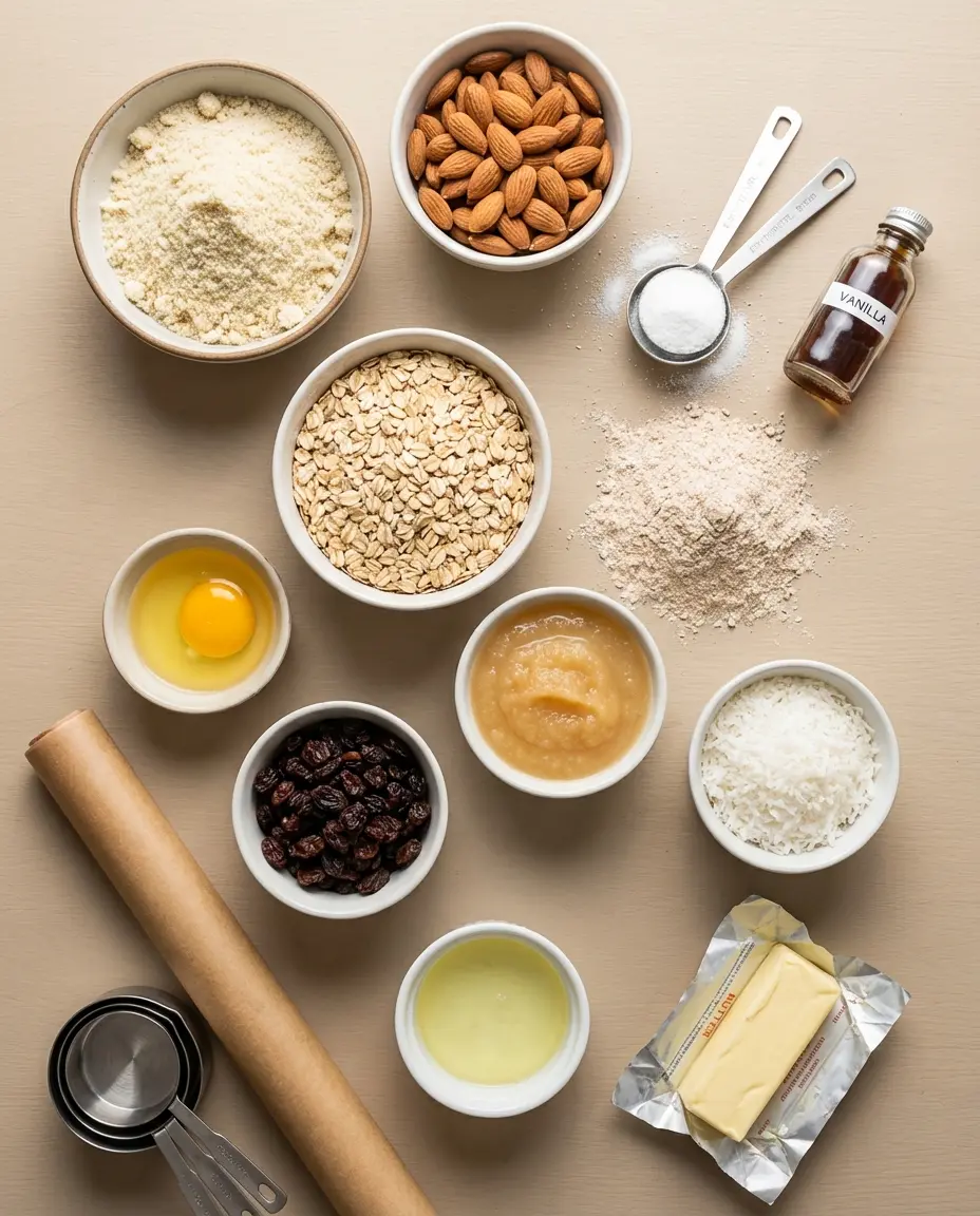 Ingredients laid out for almond, oatmeal, and coconut cookies