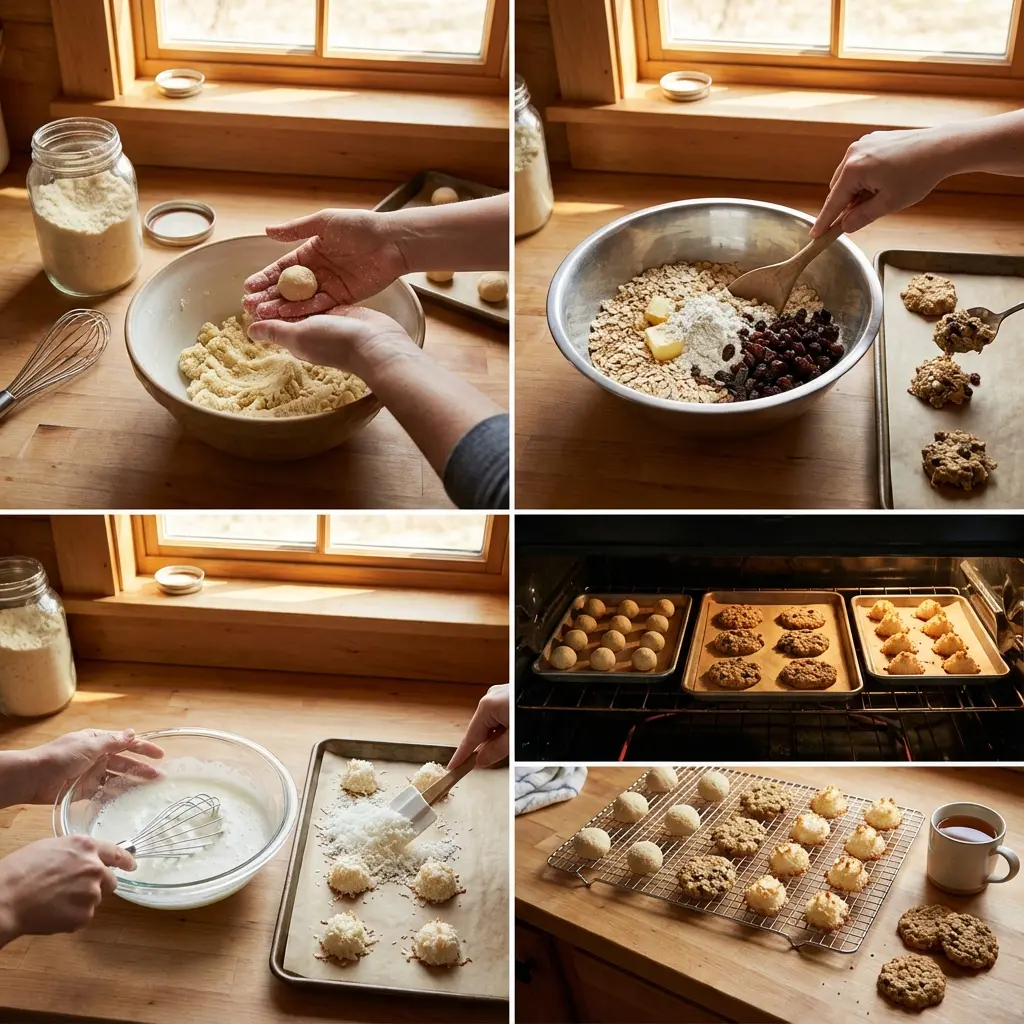 Step by step photos showing cookie mixing and baking