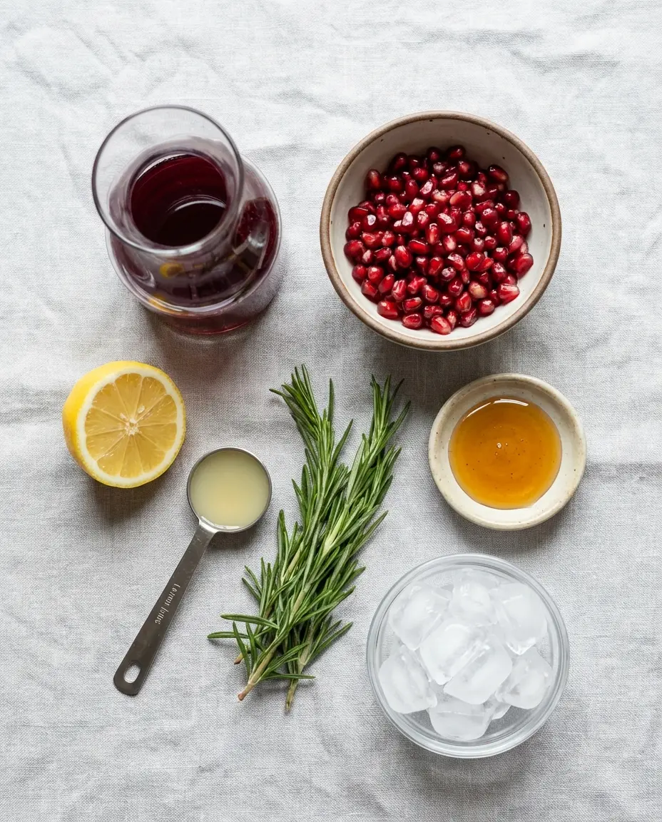 Ingredients for pomegranate and rosemary mocktail on a counter