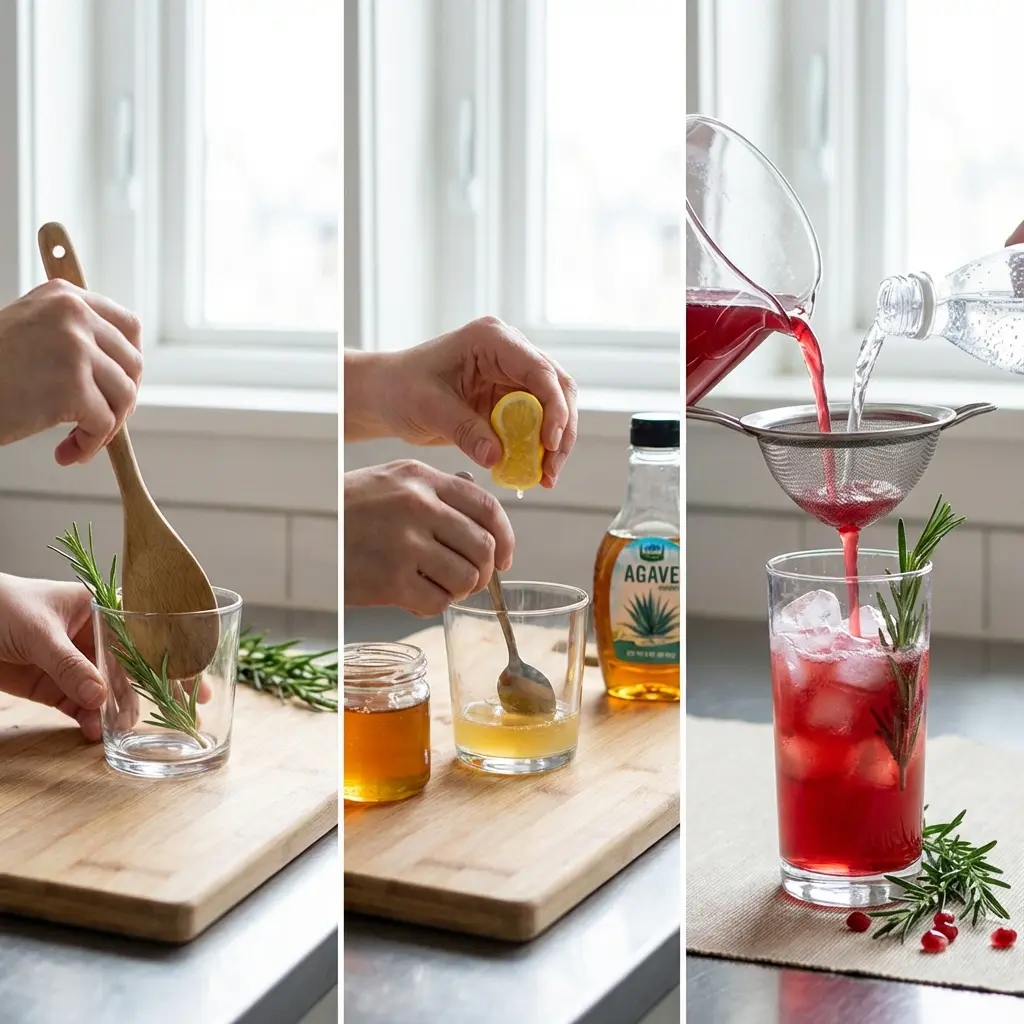 Step-by-step drink being prepared with rosemary and pomegranate