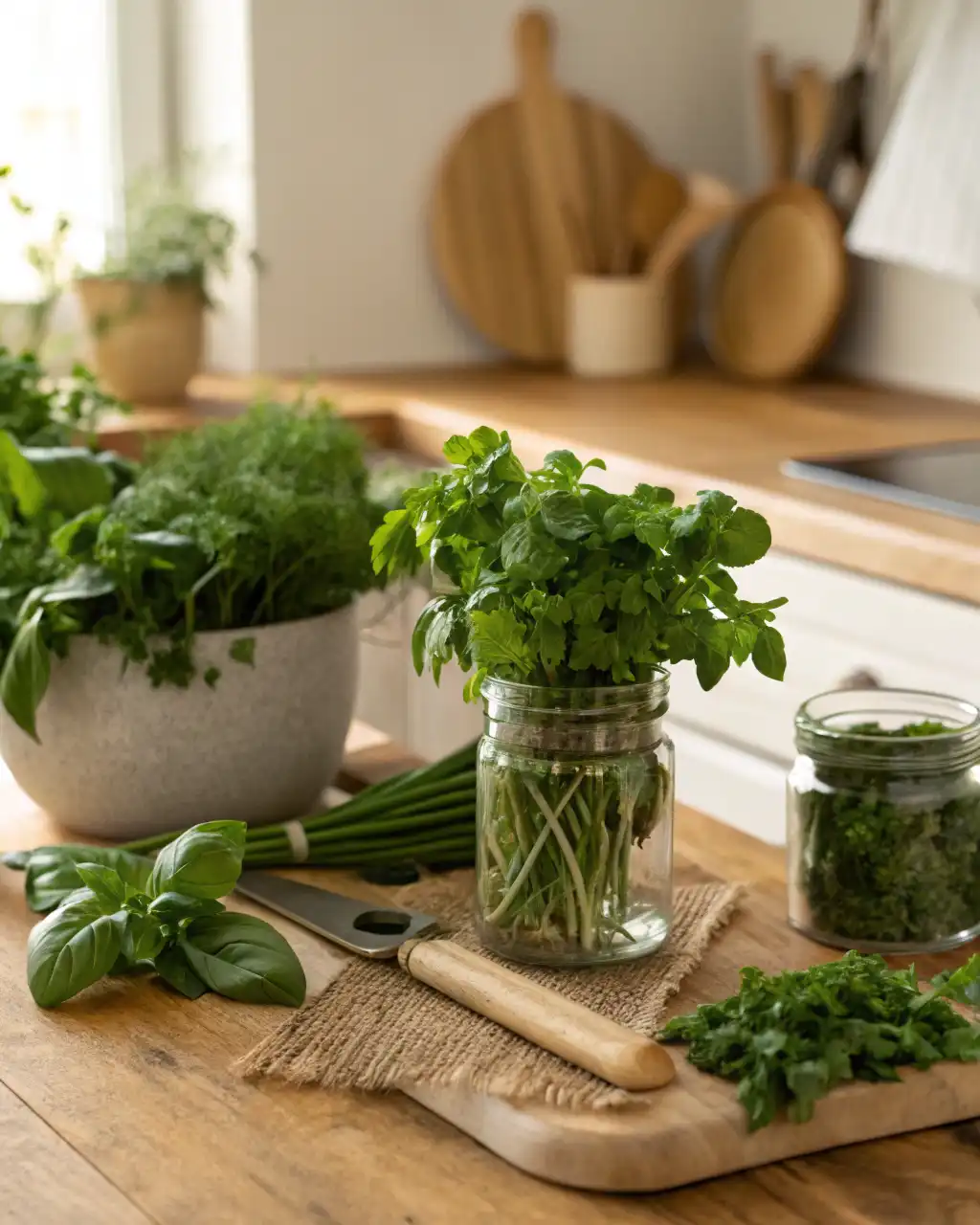 Fresh herbs in jars and on a cutting board showing small-batch storage and low-waste shopping tips