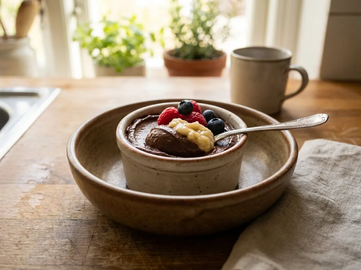 Small bowls of chocolate avocado mousse garnished with soft toppings