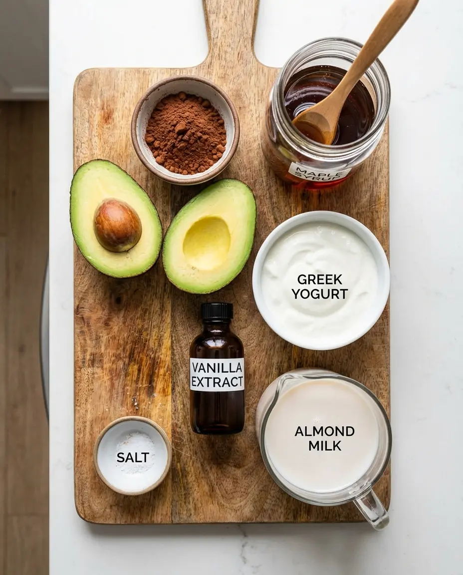 Avocado, cocoa powder, yogurt and sweetener on a table