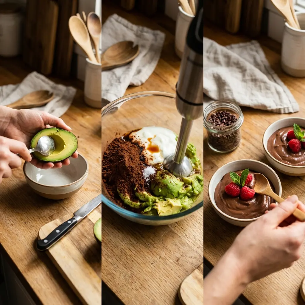 Spoonful of chocolate avocado mousse being served into a bowl