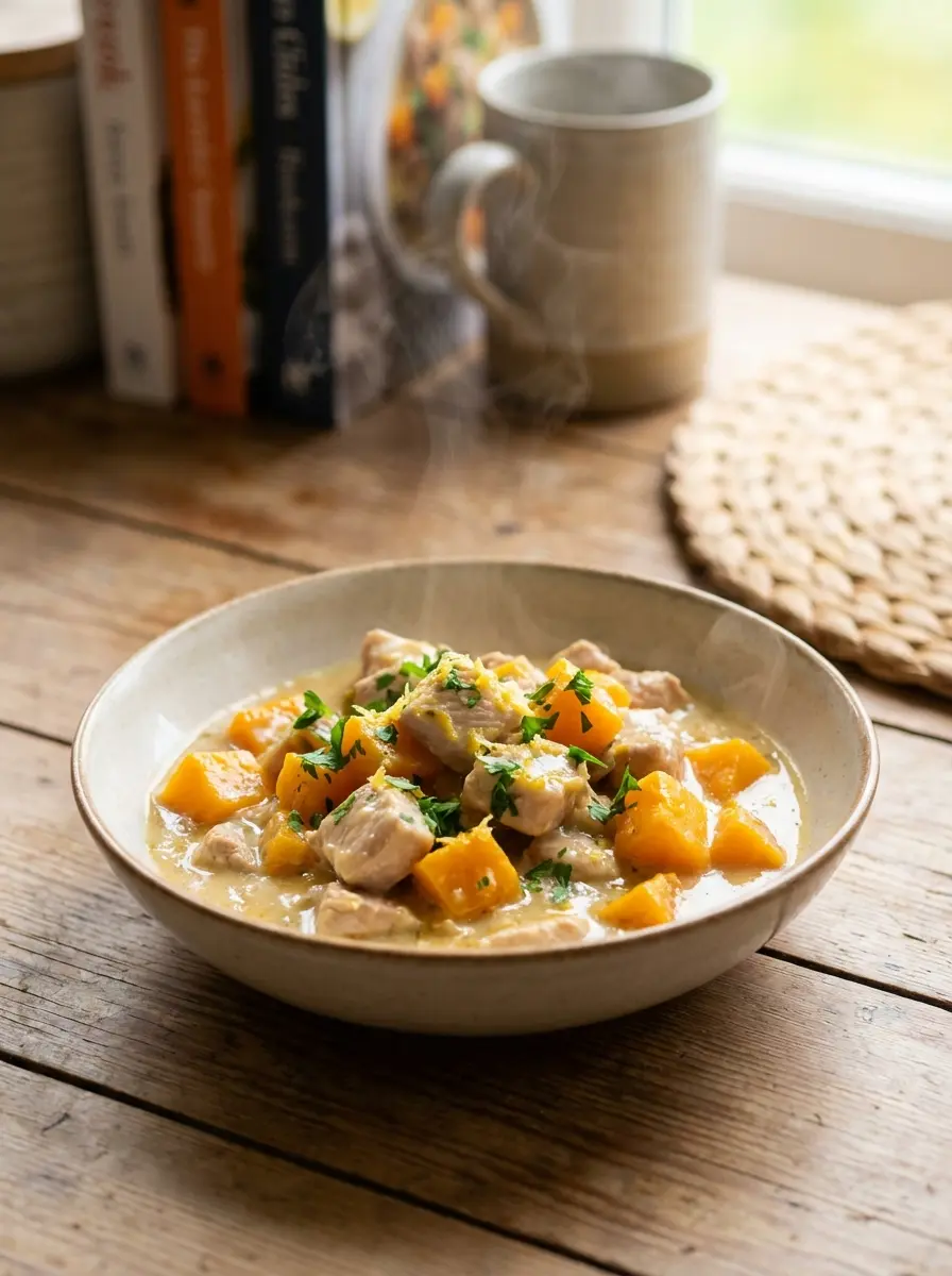 Turkey and butternut squash ragout in a skillet