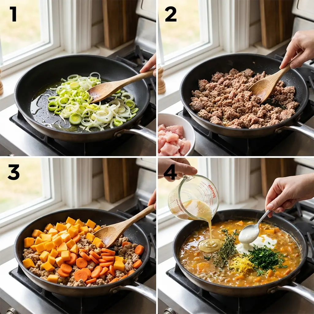 Cooking steps shown in a skillet