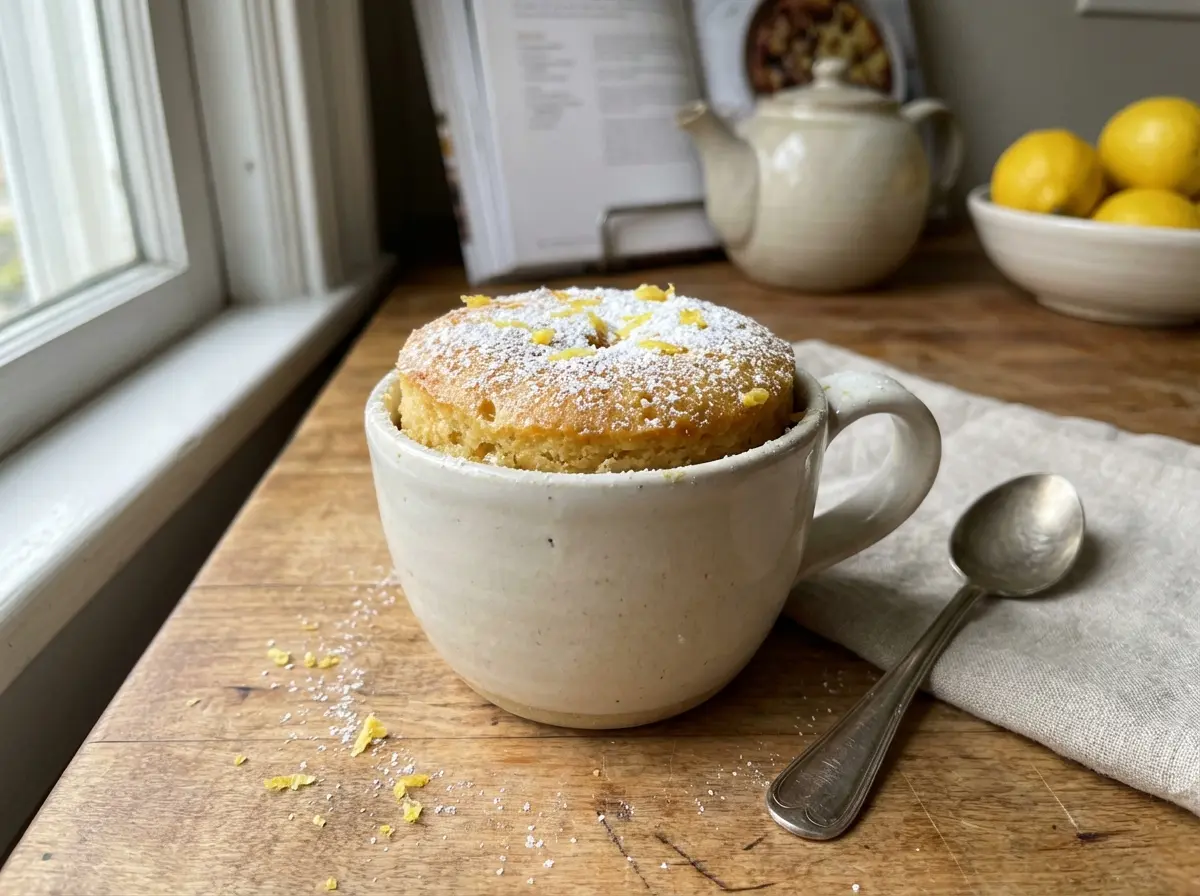 Gentle lemon yogurt mug cake in a mug