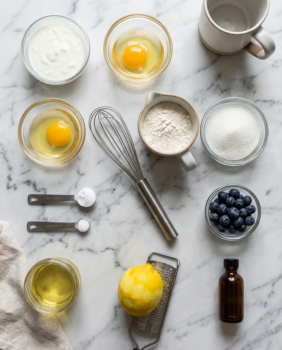 Ingredients on a surface for a lemon yogurt mug cake