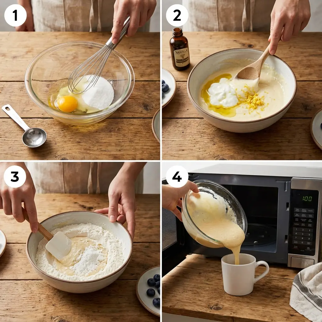 Steps for making the lemon yogurt mug cake