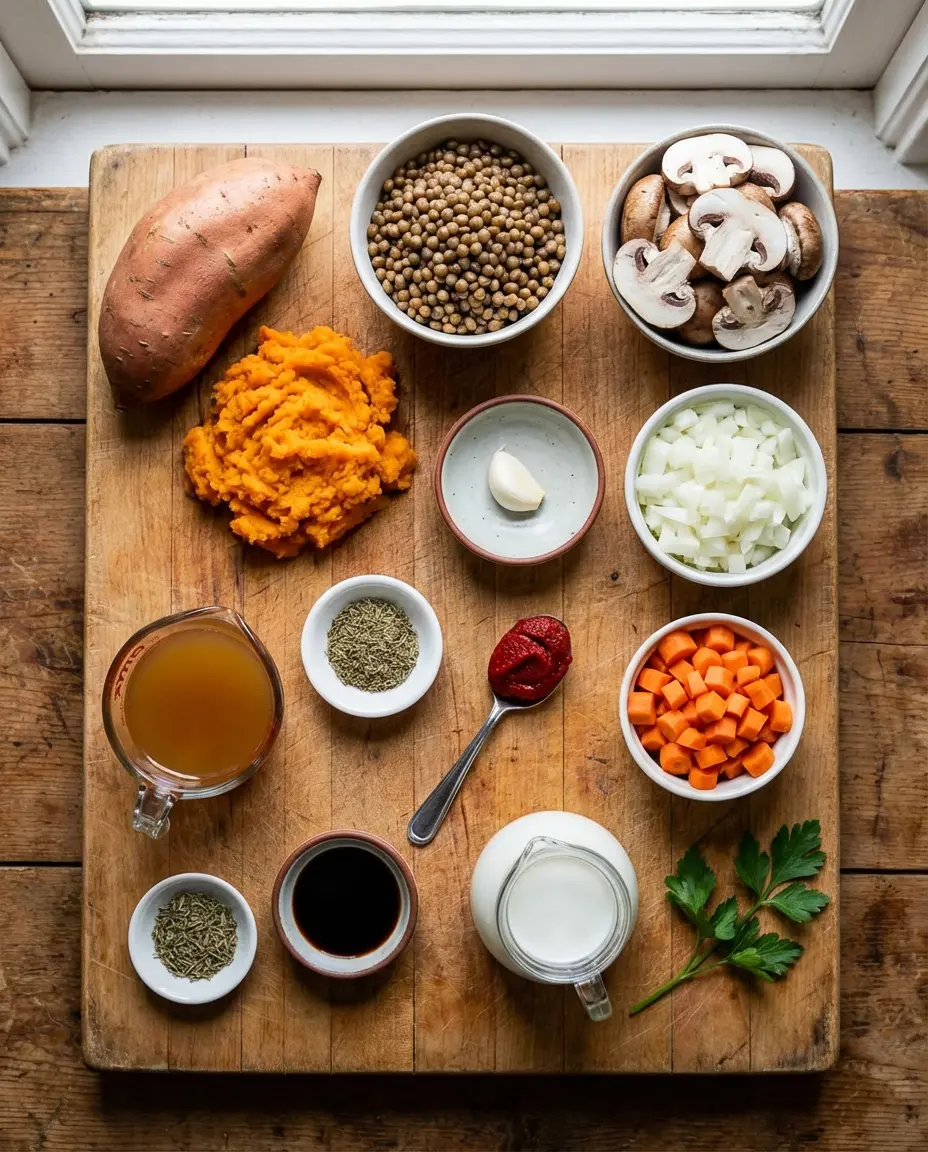 Ingredients laid out for lentil and mushroom shepherd's pie