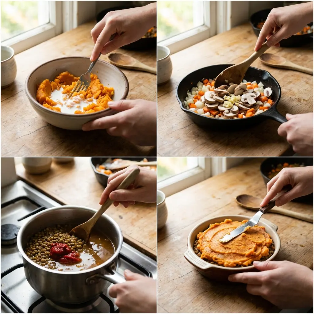 Step-by-step preparation of lentil and mushroom shepherd's pie
