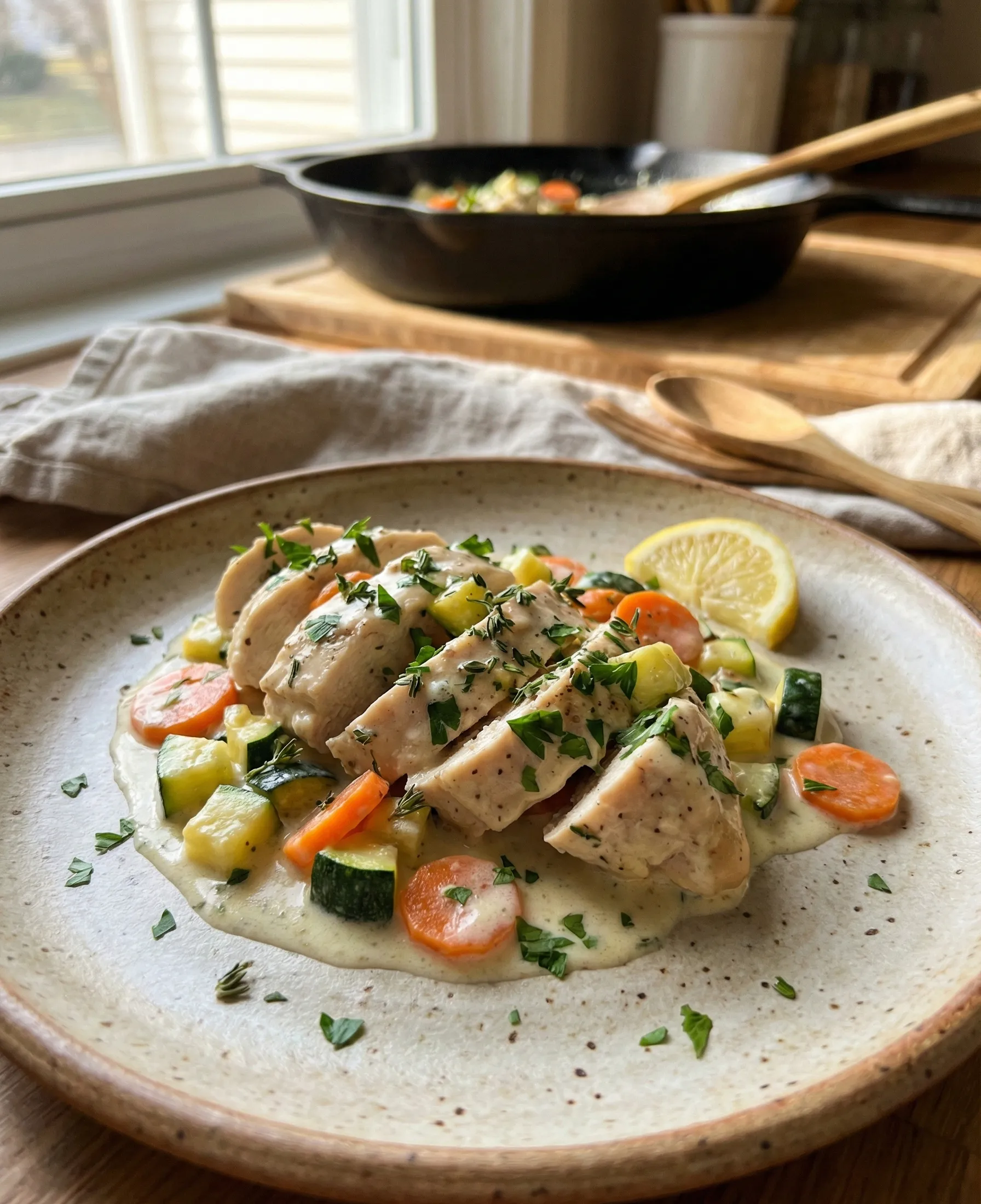 Creamy lemony chicken skillet with zucchini and carrots