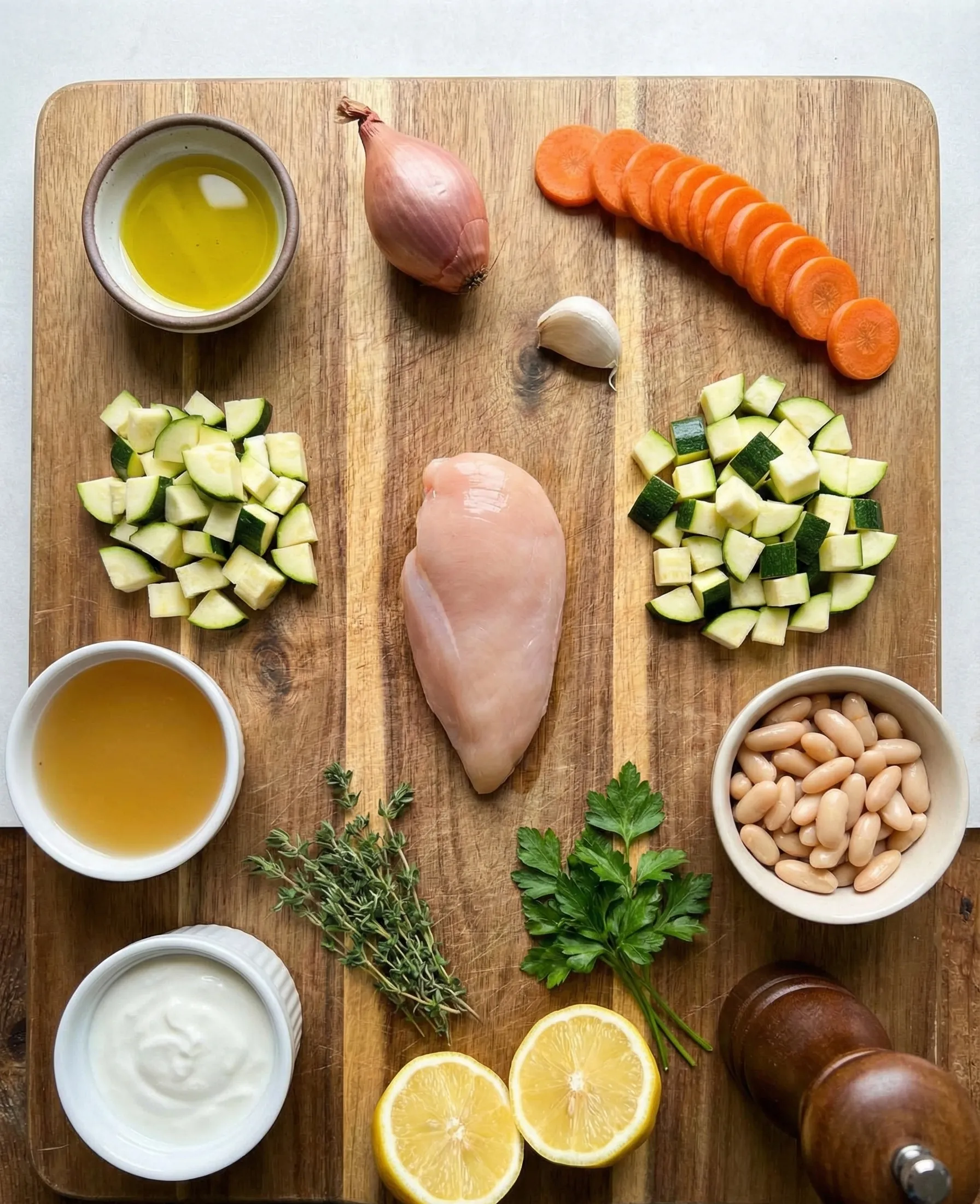 Ingredients laid out for a low-sodium creamy chicken skillet