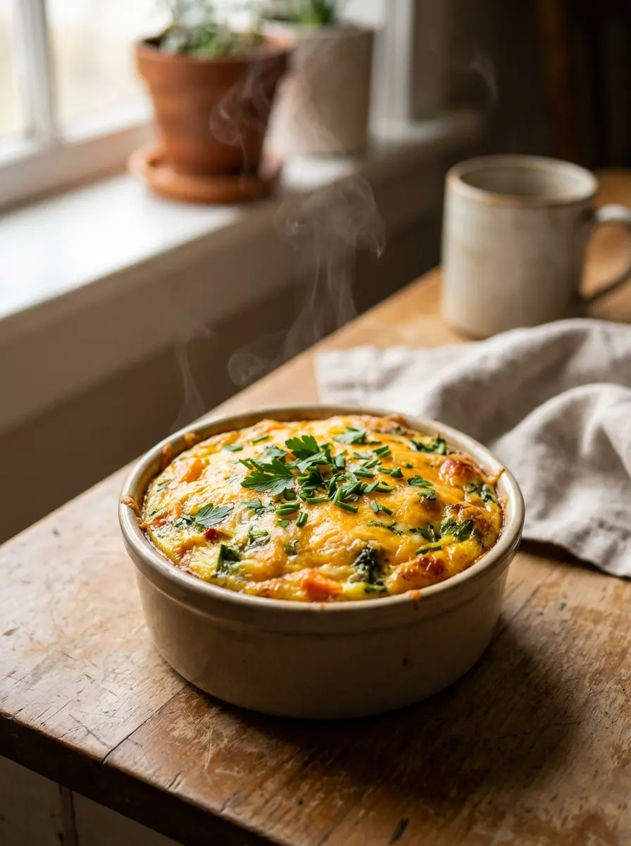 Gentle make ahead breakfast casserole in a small baking dish