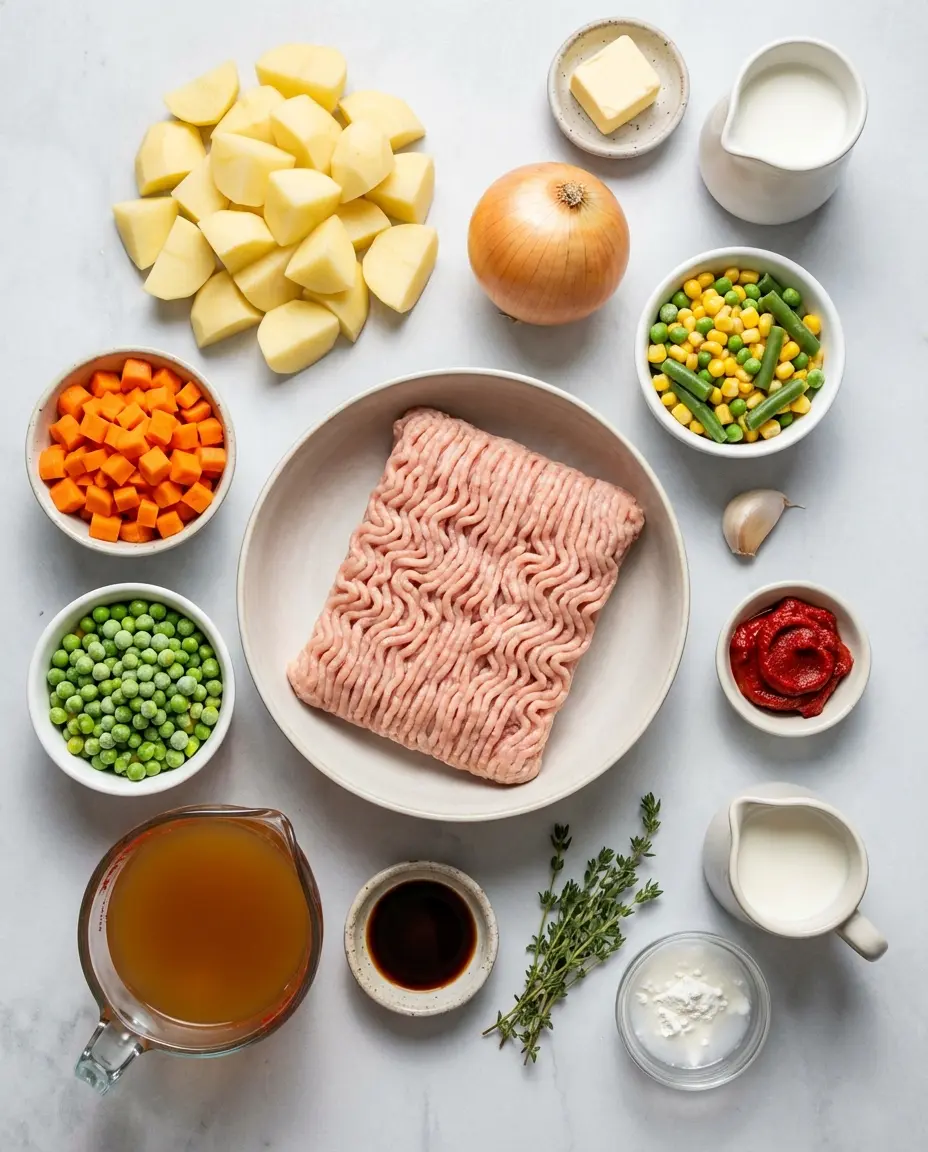 Ingredients for ground turkey shepherd's pie laid out on a table