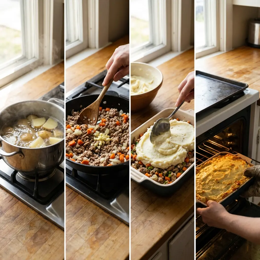 Steps to assemble and bake the shepherd's pie