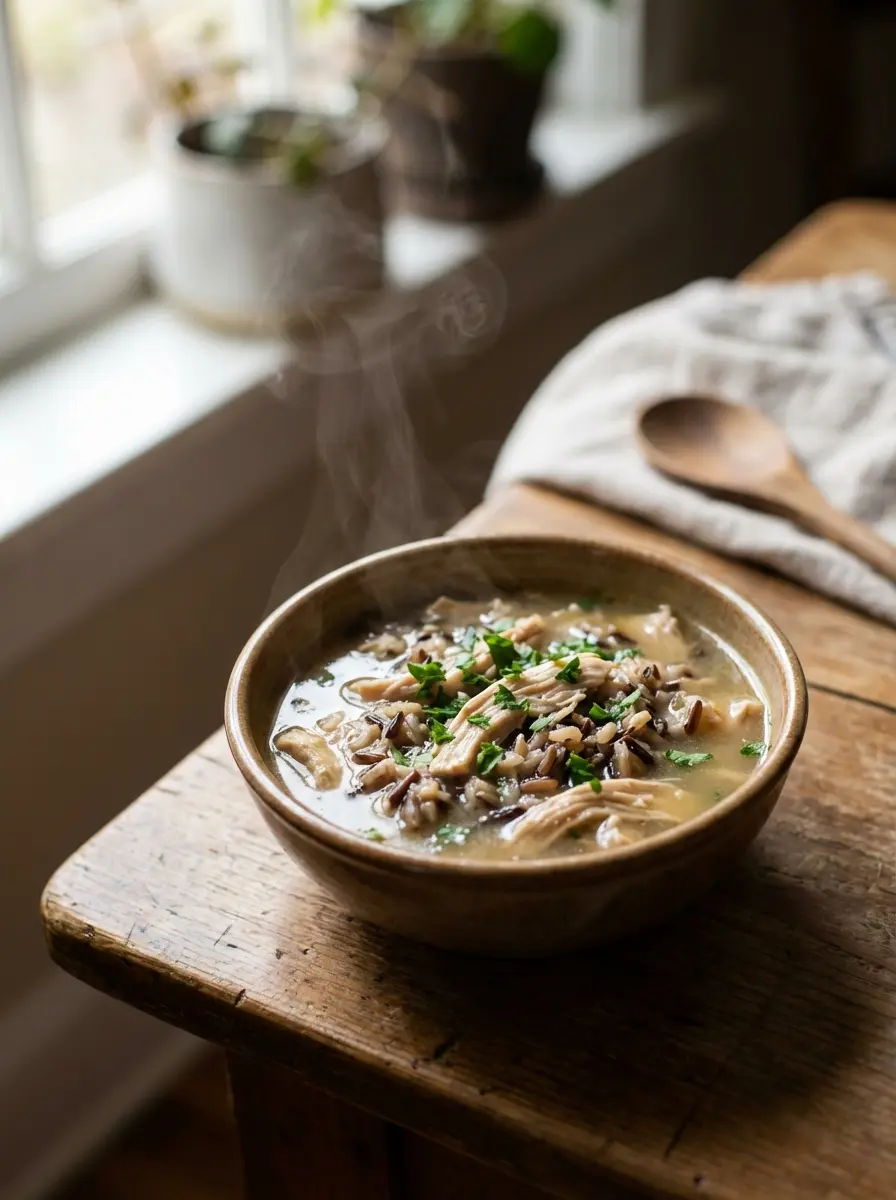 Low-sodium chicken and wild rice soup in a bowl