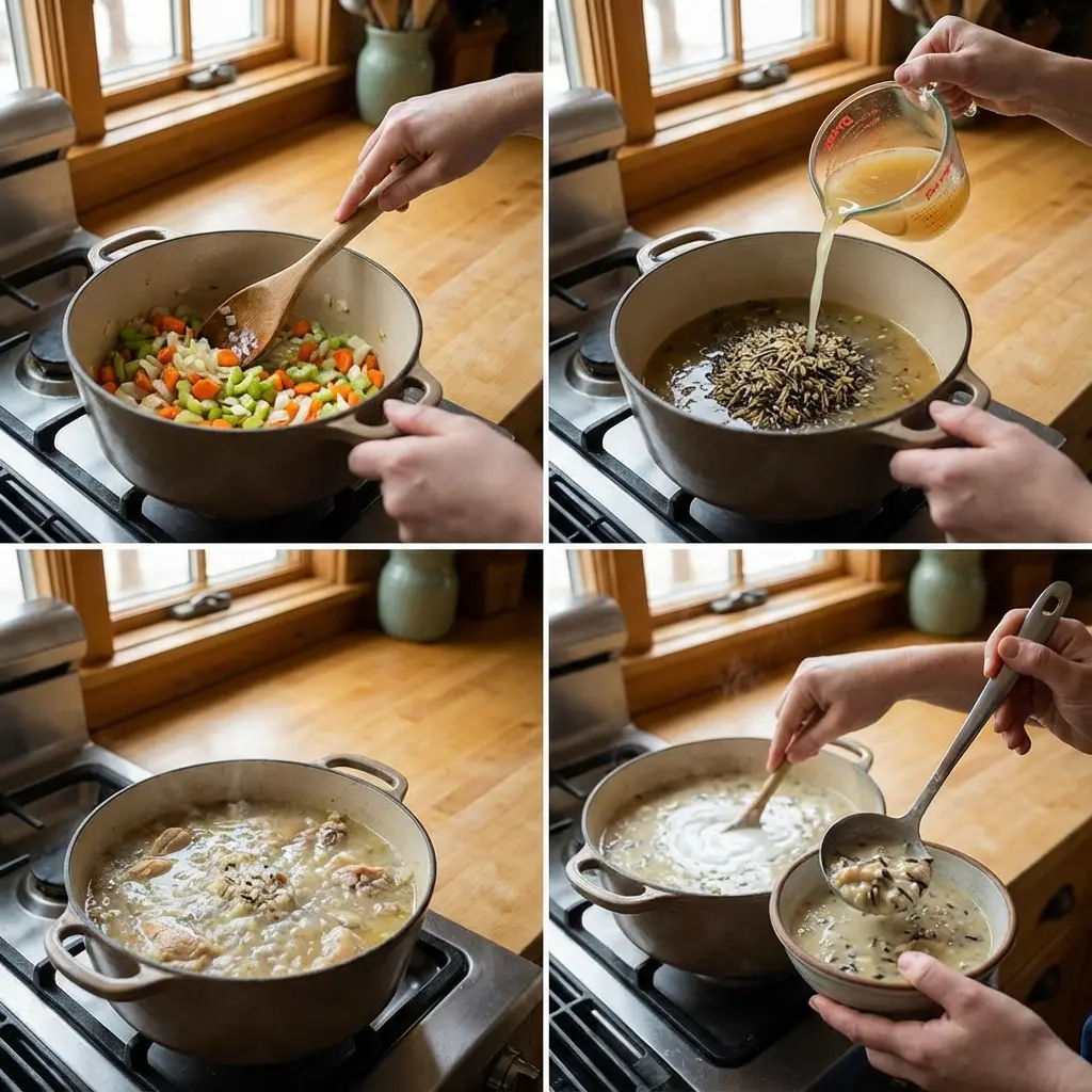 Cooking steps for chicken and wild rice soup