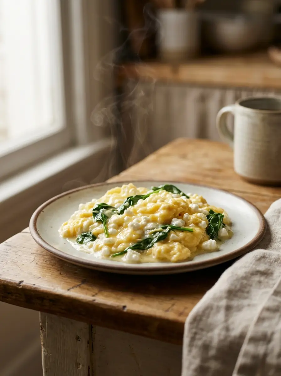 Creamy egg and cottage cheese scramble with spinach on a plate