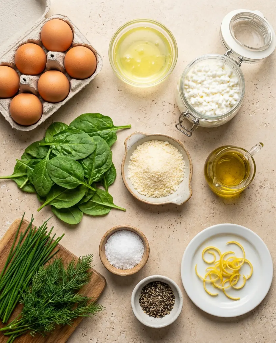 Bowl of eggs, cottage cheese and fresh spinach on a counter