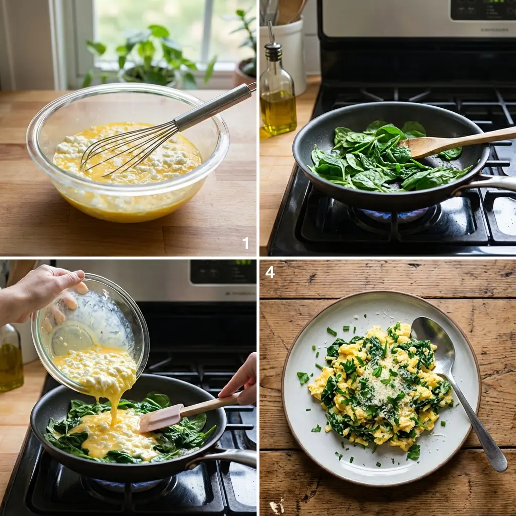 Cooking soft scrambled eggs with spinach in a nonstick skillet