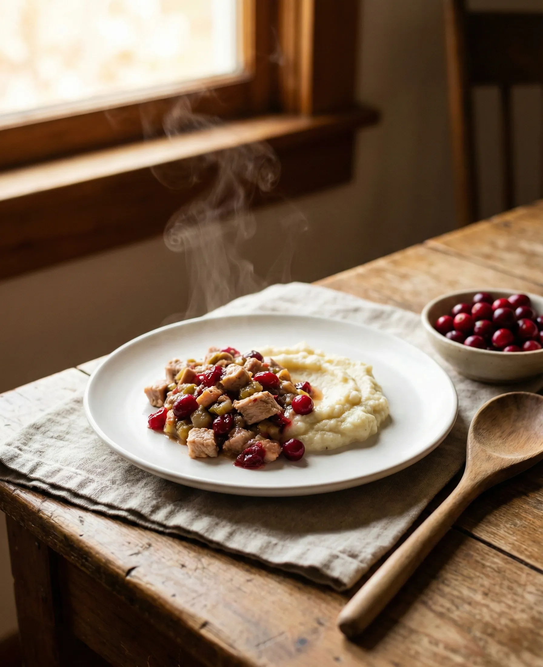Cranberry turkey skillet over cauliflower mash