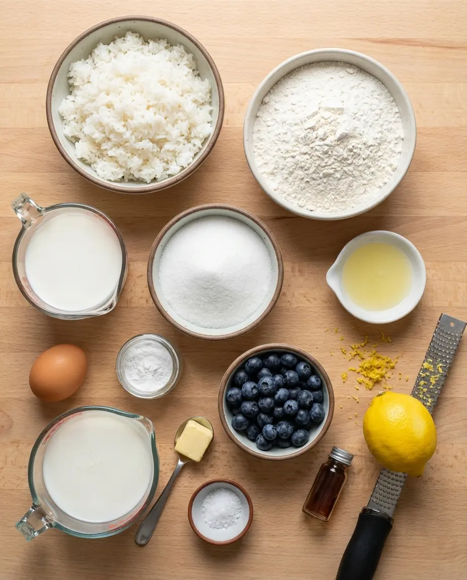 Ingredients for lemon rice mug cake laid out on a table