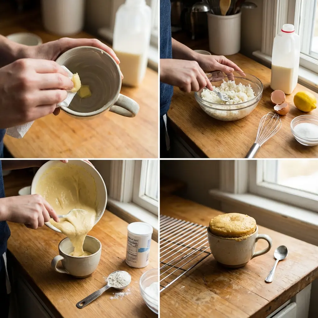 Step-by-step process for making the lemon rice mug cake