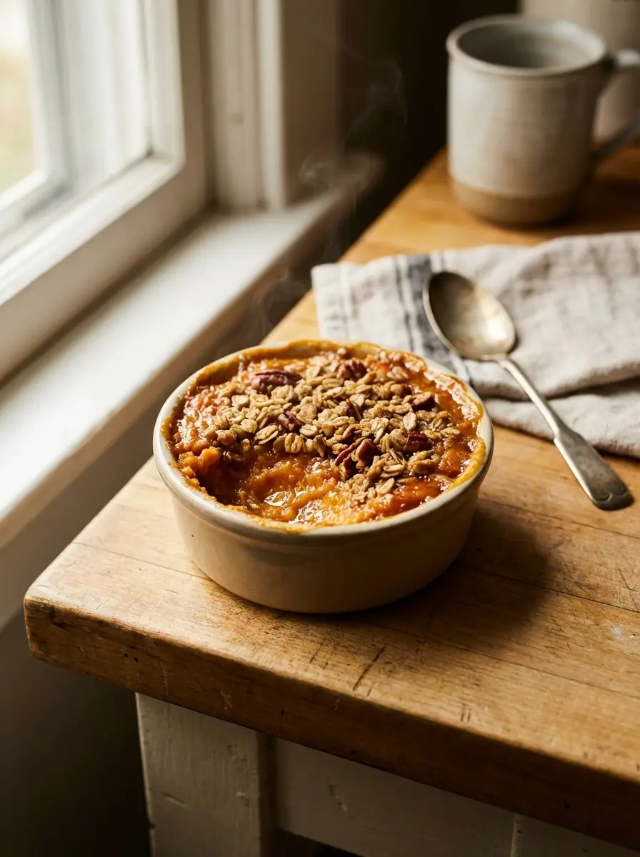 Lower-sugar sweet potato casserole in a small ramekin with pecan-oat topping