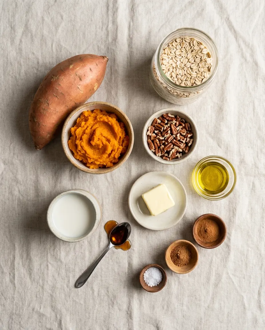 Ingredients laid out for sweet potato casserole: sweet potato, oats, pecans, spices