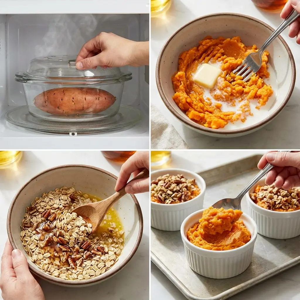Step-by-step process showing mashed sweet potato and pecan-oat topping