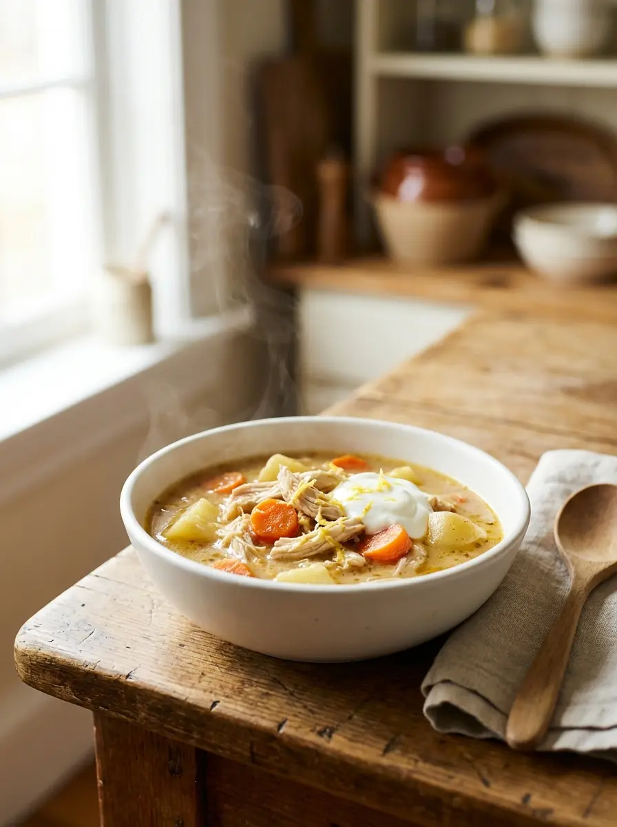 Make-ahead freezer meal with shredded chicken and soft vegetables in a bowl