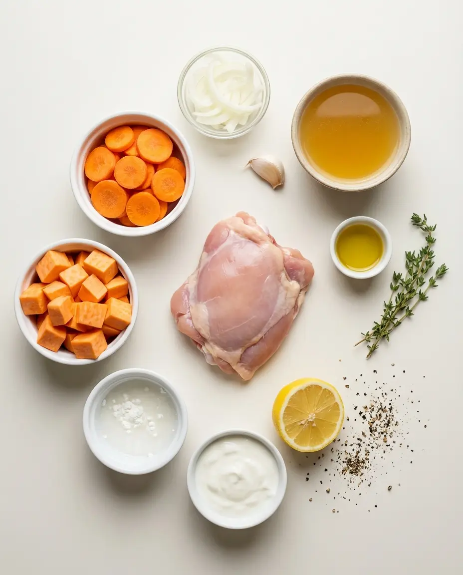 Ingredients for make-ahead slow-cooker chicken: chicken thigh, carrot, potato, onion, broth