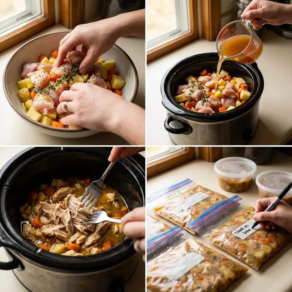 Slow cooker with chicken and vegetables cooking for freezer meals