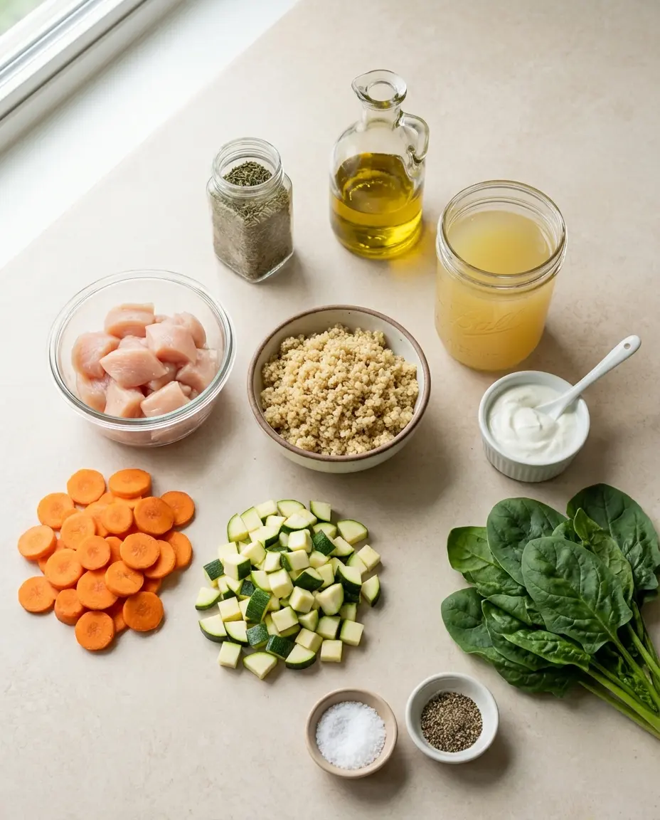 Ingredients laid out for a creamy chicken skillet: chicken, vegetables, grains and broth