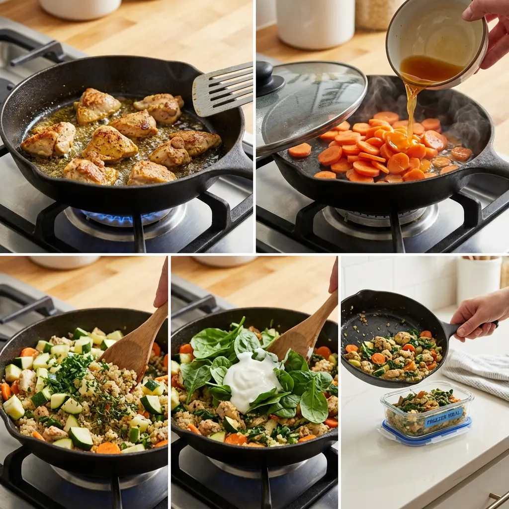 Hands stirring a small skillet of creamy chicken and vegetables