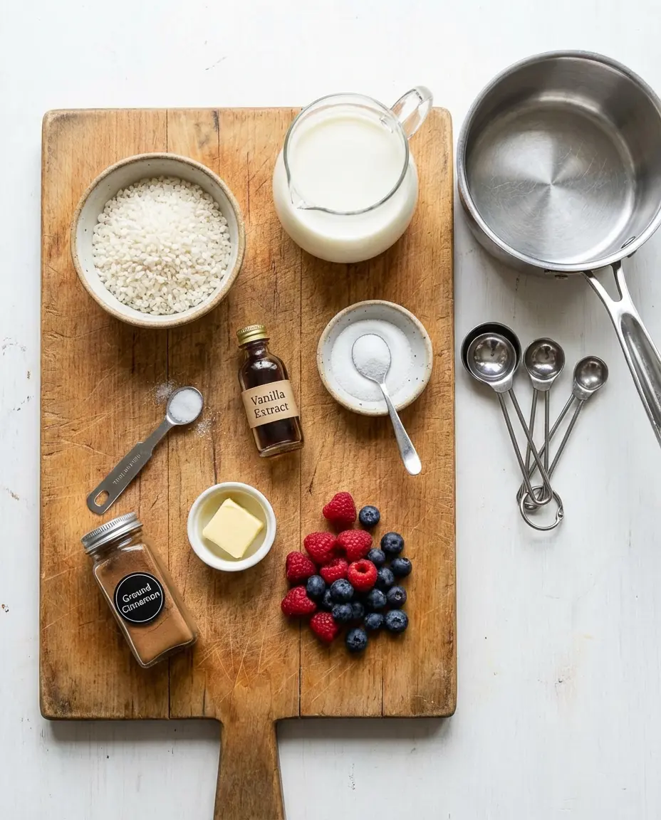 Ingredients for mini rice pudding: rice, milk, sugar, vanilla, cinnamon