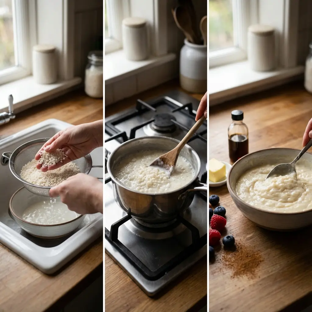 Cooking rice pudding in a saucepan