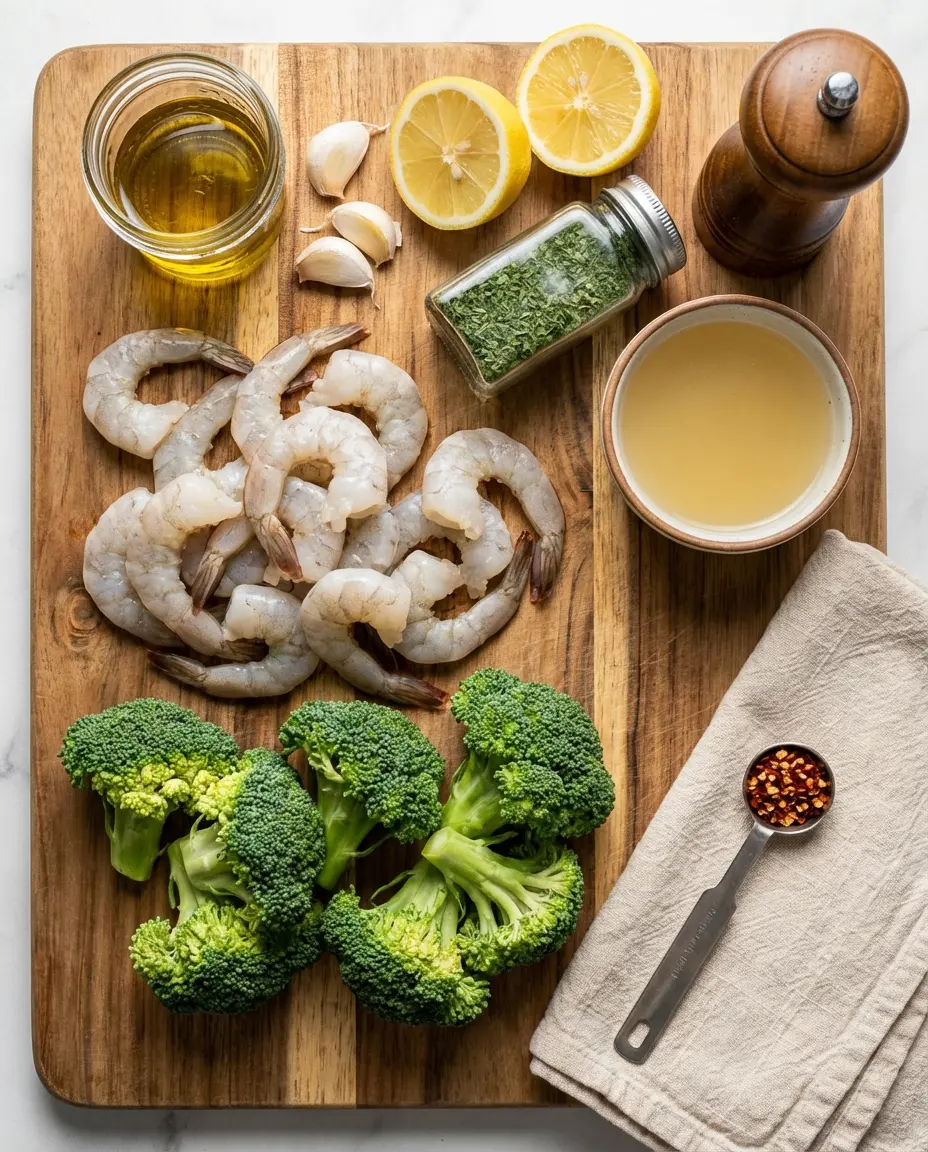 Ingredients laid out for shrimp and broccoli skillet
