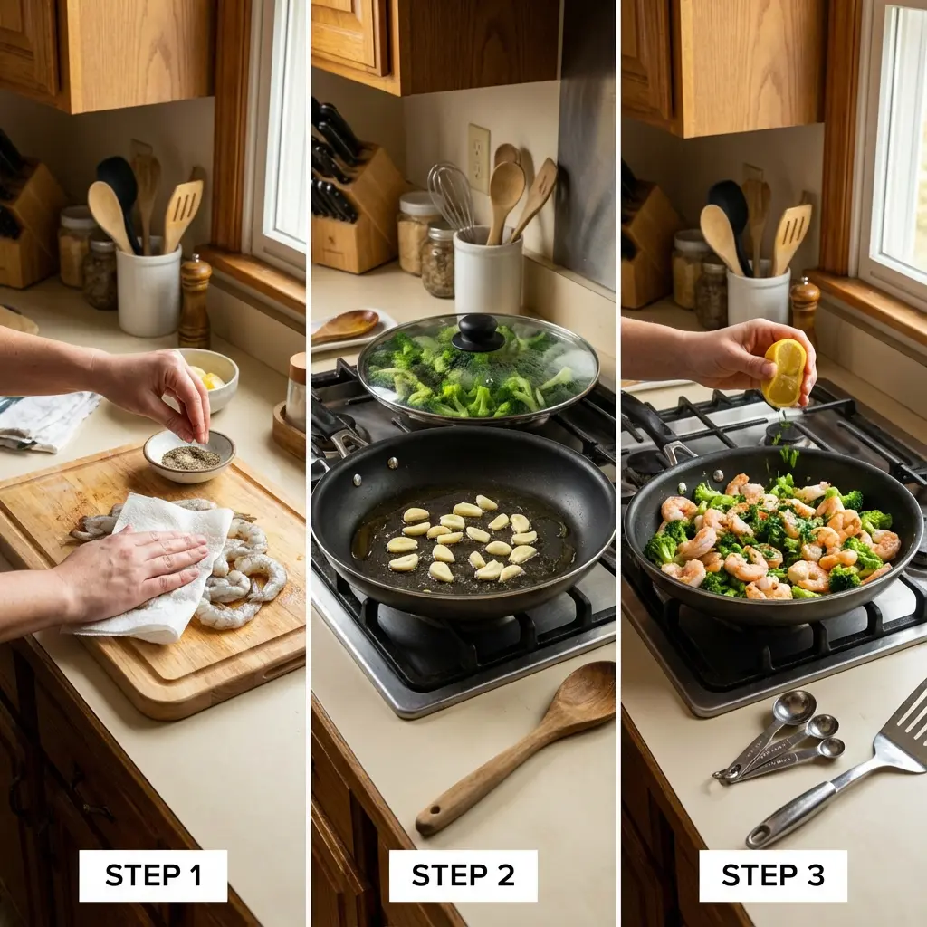 Cooking shrimp and broccoli in a skillet