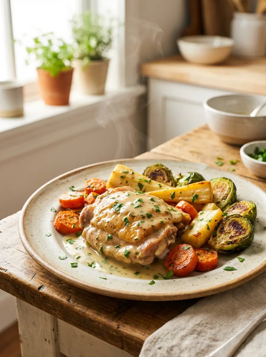 One-pan roasted chicken with root vegetables and creamy herb sauce