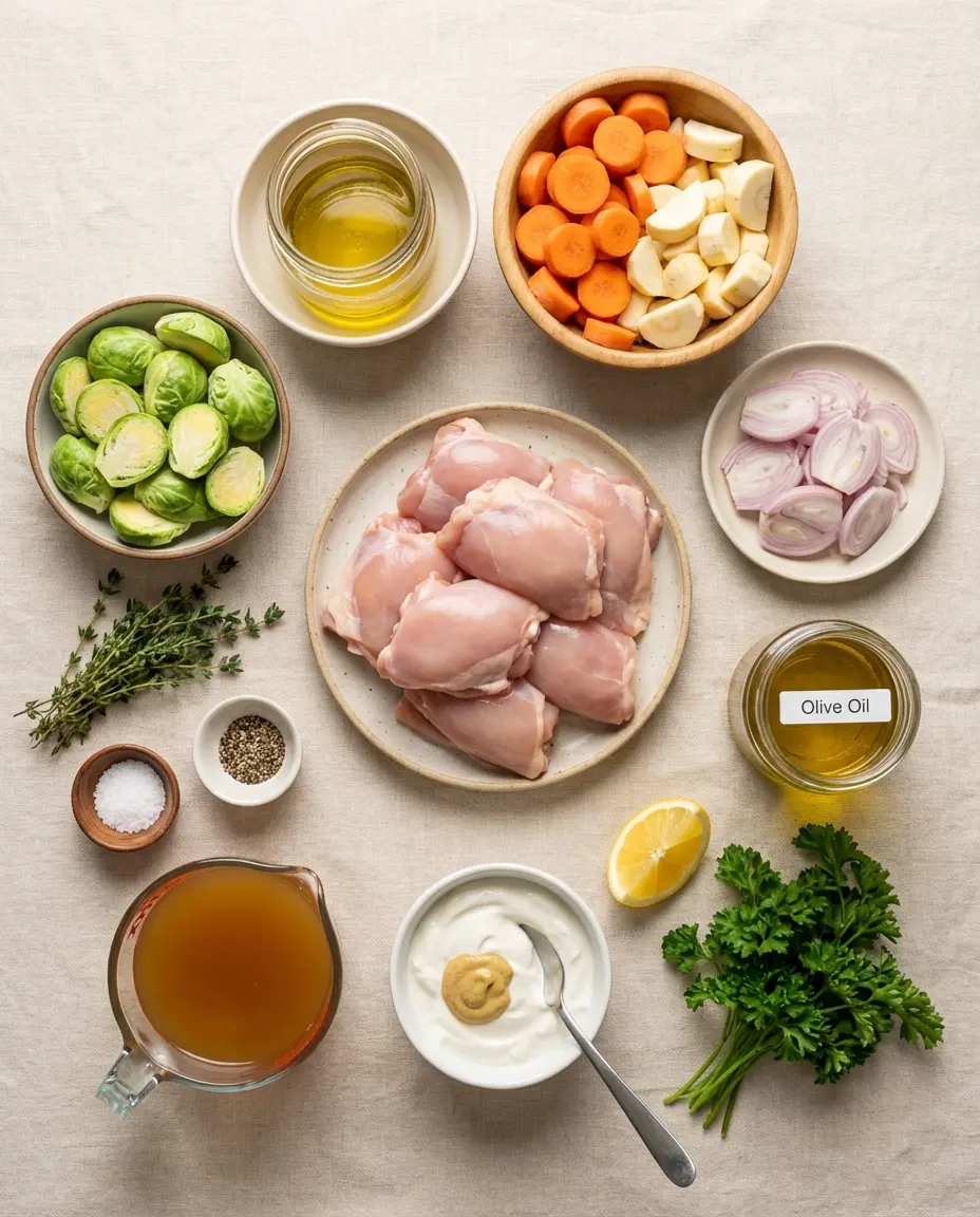 Ingredients laid out for one-pan holiday dinner: chicken, carrots, parsnip, Brussels sprouts, yogurt and broth