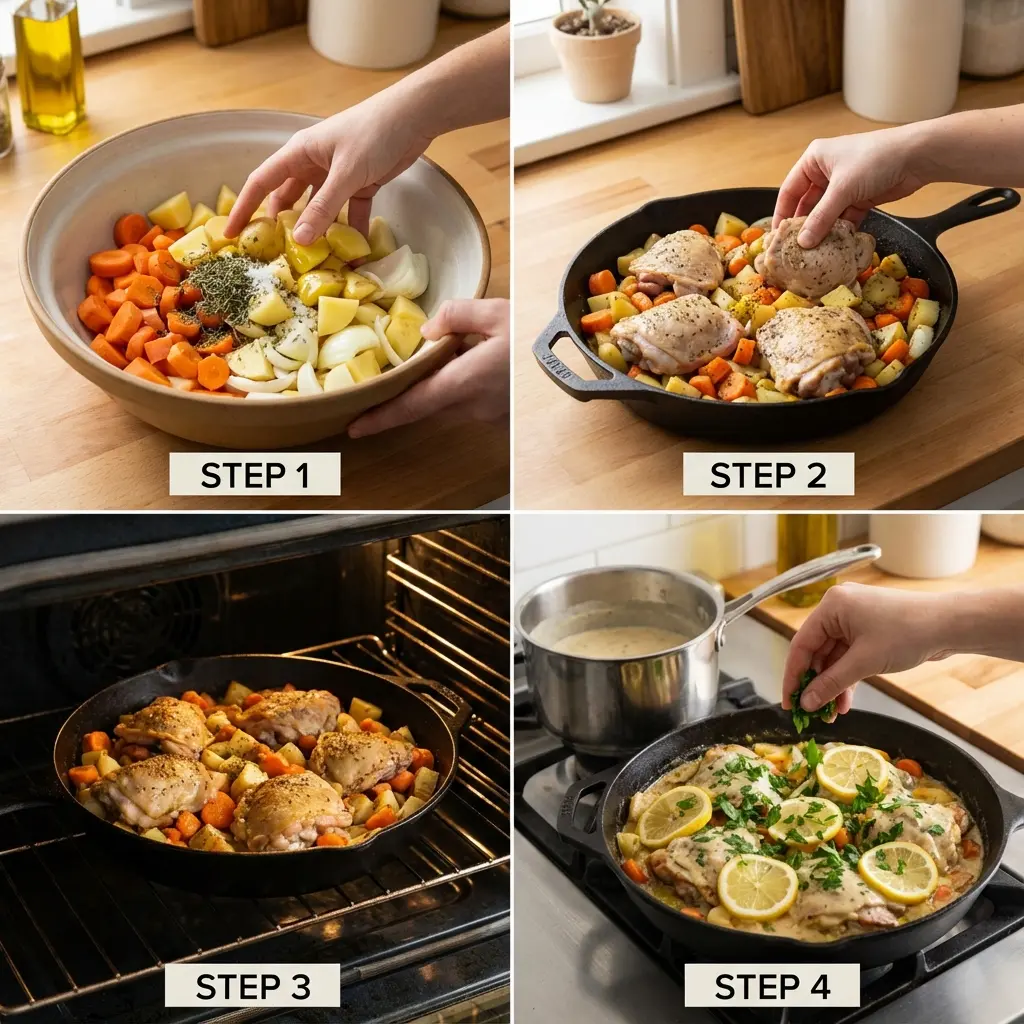 Steps showing roasting vegetables and chicken, then stirring in creamy sauce