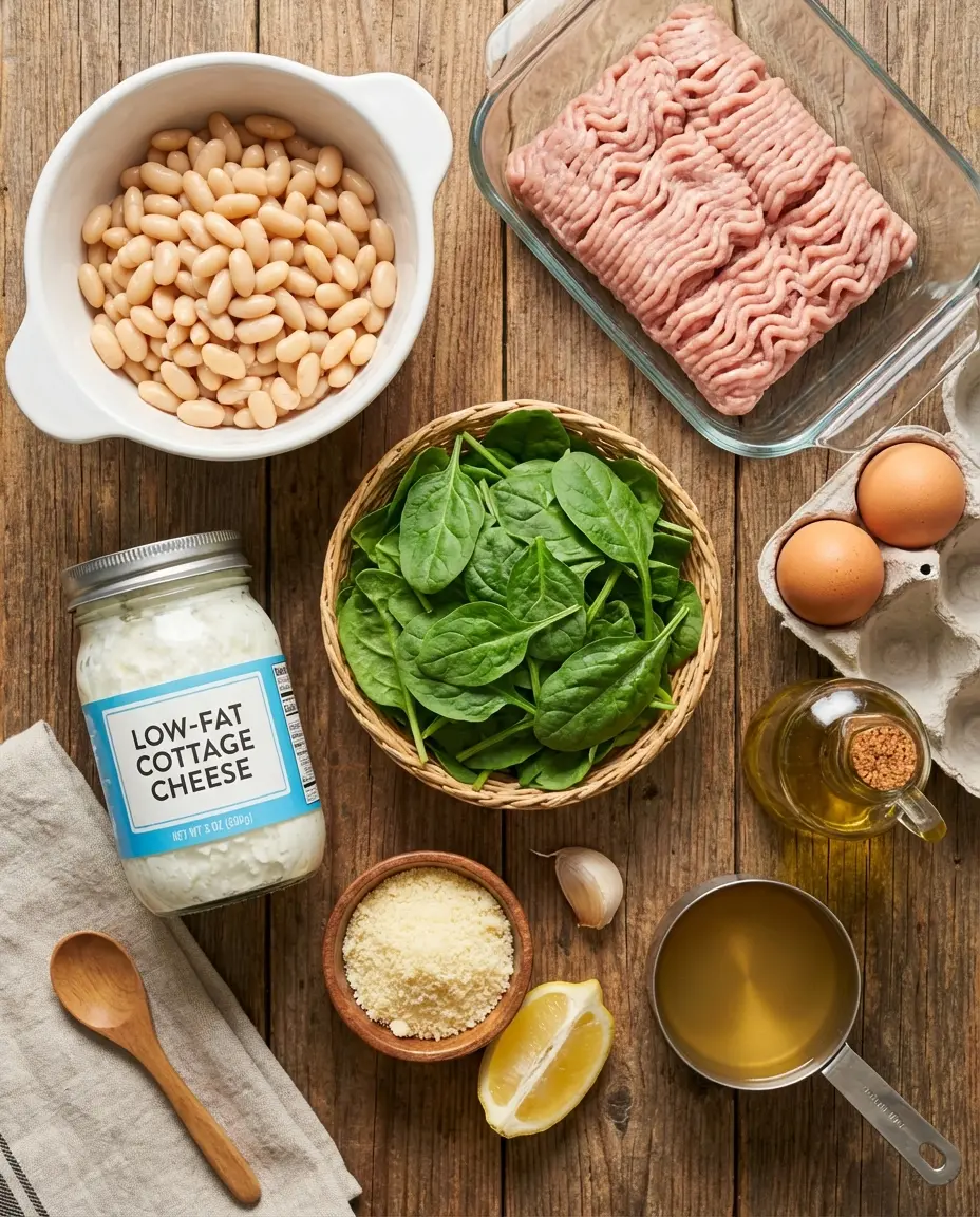 Ingredients laid out for a turkey, bean and spinach skillet