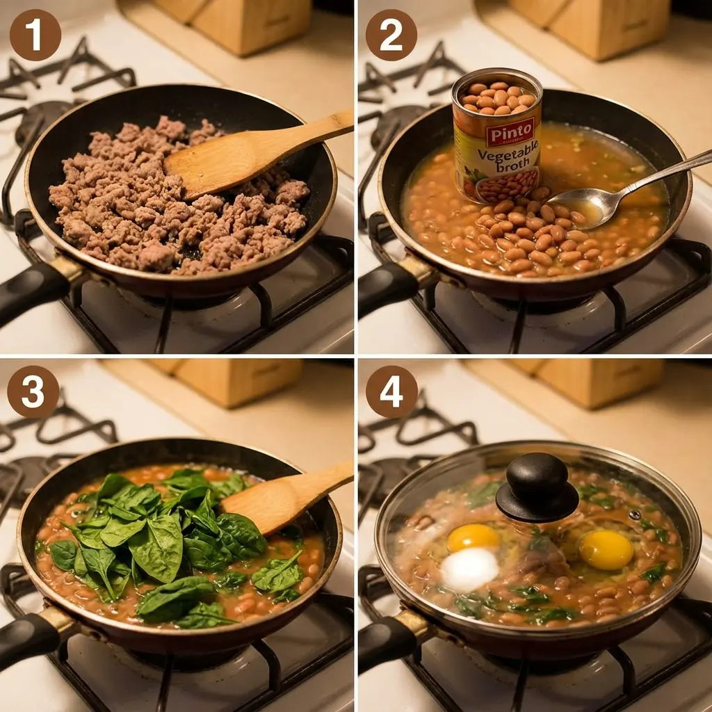 Cooking steps for the one-pan turkey and bean skillet