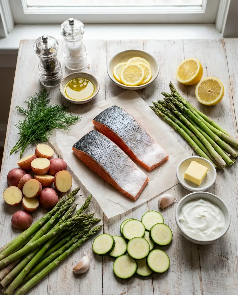 Ingredients laid out for lemon-dill salmon