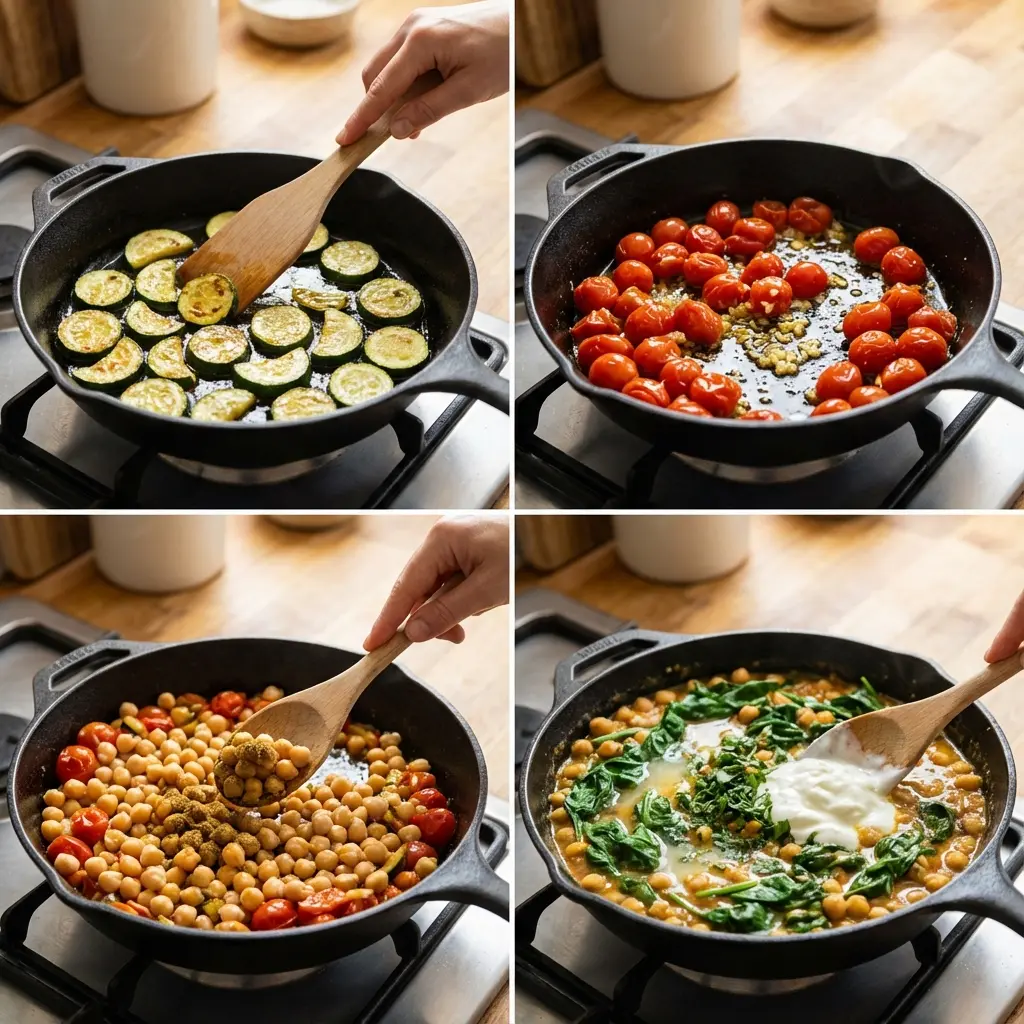 Cooking chickpeas and zucchini in skillet